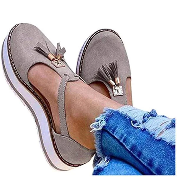 (Grey US 10) Women's Leather Tassel Closed Toe Platform Sandals Adjustable Buckle Ankle Strap Non-Slip Comfortable