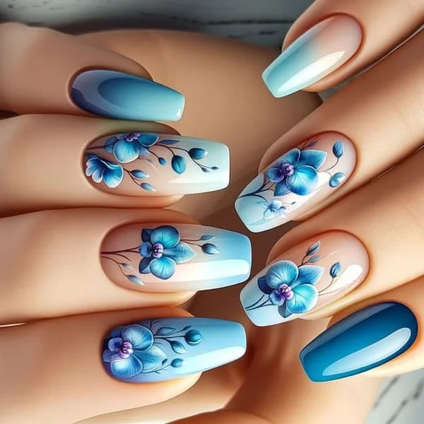 24x Korte Ballerinaer Kunstige Negle Gradient Akryl Blomster Tryk På Negle