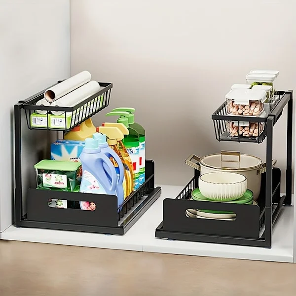 (SC) 2-Tier Under Sink Organizer Heavy Duty Metal Pull Out Cabinet Shelf White Space Saving Bl