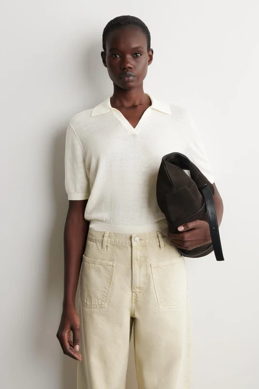 COS Women's Knitted Linen-Merino Polo Shirt in White