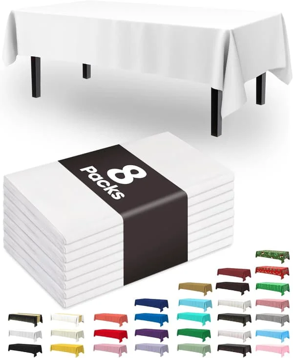 Plastduk engångs 8-pack, 137 x 274 cm dukar, fest, picknick, bröllop, dekorativa dukar, rektangulär, vit plastöverdrag,
