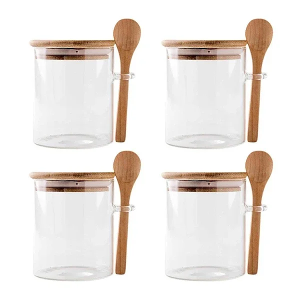 4-pakning glasskrukker for overnattingshavre med lufttette lokk og skjeer for oppbevaring av te, kaffe, sukker på kjøkkenet, 17 oz