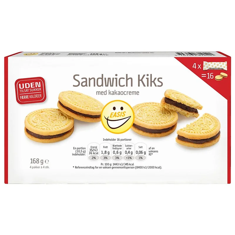 Spar 25% • Køb 2, EASIS Sandwich Kiks m. kakaocreme 168 g, Helse & Madvarer, Brød, Kiks & Kager, Kiks