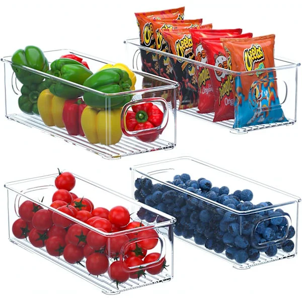 Refrigerator Organizer Set of 4, Stackable Storage Bins, Small Fridge Organizer Containers with Handles for Kitchen, Freezer, Pantry