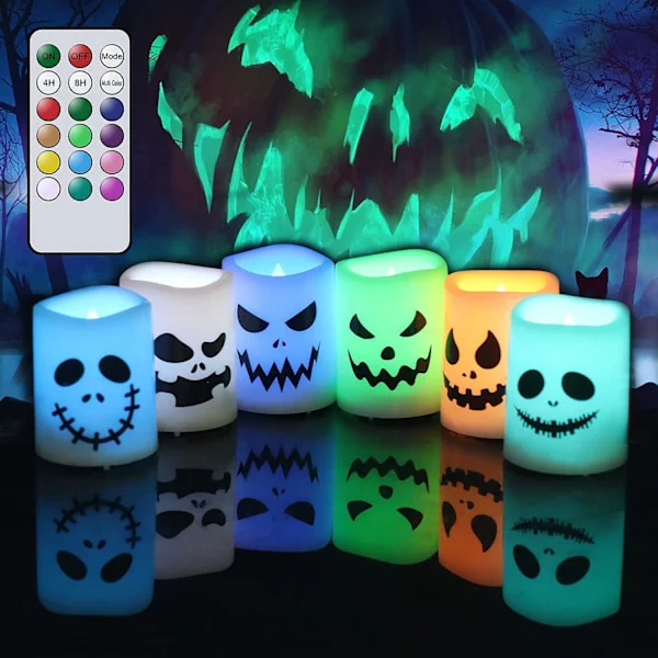Halloween flamlösa ljus med färgskiftning, fjärrkontroll och timer, batteridrivna LED-ljus för heminredning (6-pack, 1,5 tum x 2 tum) (batterier ingår