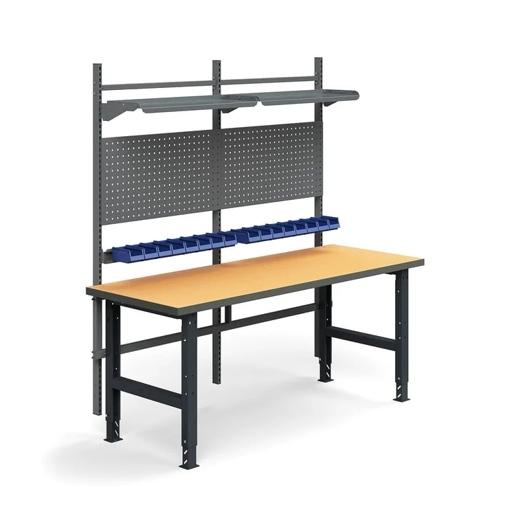Komplett arbeidsbord, verktøytavler, plastbakker, hyller, L2000 B760 mm, herdet board