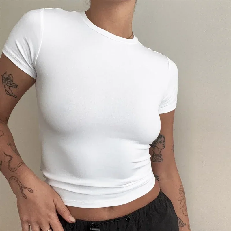 AliExpress - Vrouw Kleding T-shirt met korte mouwen Slim Fit Tops Vrouwelijke O-hals Gebreide schede T-shirt Street Wear Seks Sportief 2024 Y2K 