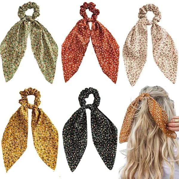 Blomstret Hår Tørklæde Med Sløjfe Til Kvinder Piger, Sløjfe Scrunchies Til Hår, Hår Scrunchies Med Sløjfe, Chiffon Blomstret Scrunchie