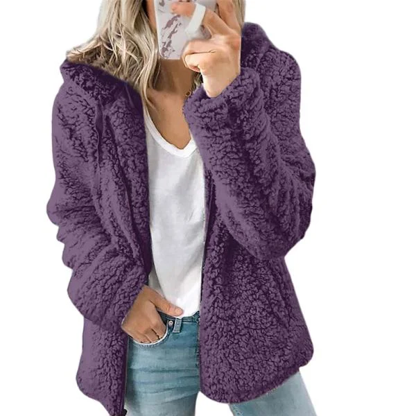 Women's Fleece Fluffy Hoodie, Long Sleeve Jacket, Warm Teddy Bear Cardigan, Purple L