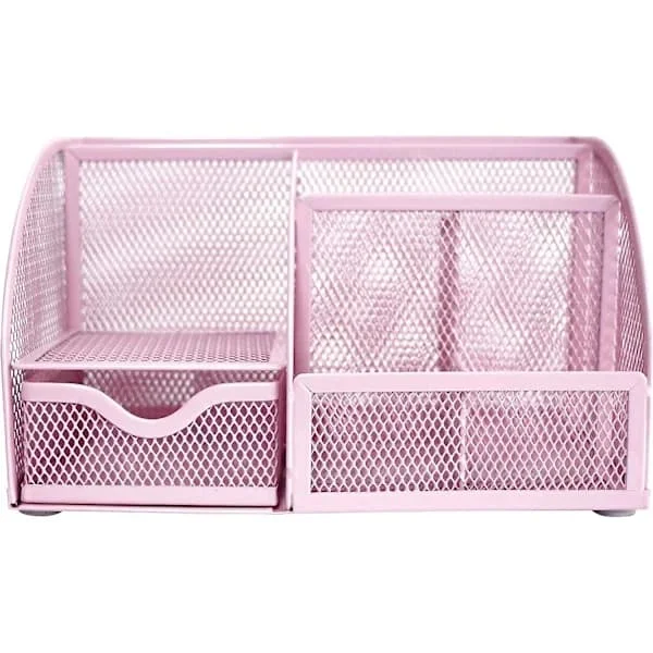 Mesh Desk Organiser Office With 7 Compartments + Drawer Pen Holder/Multifunctional Organiser Ex348 Pink