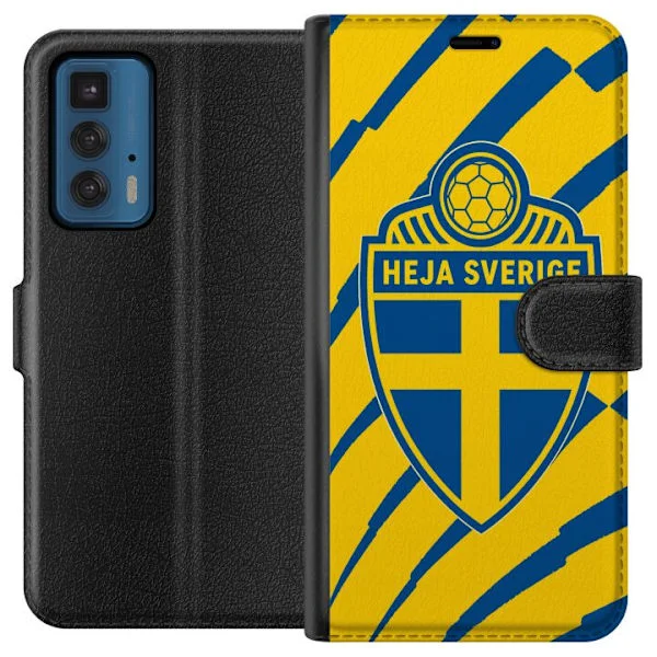 Kompatibelt Plånboksfodral till Motorola Edge 20 Pro Gul och blå fotbollssköld med Heja Sverige och VM 2026-känsla för engagerade supportrar och fotb