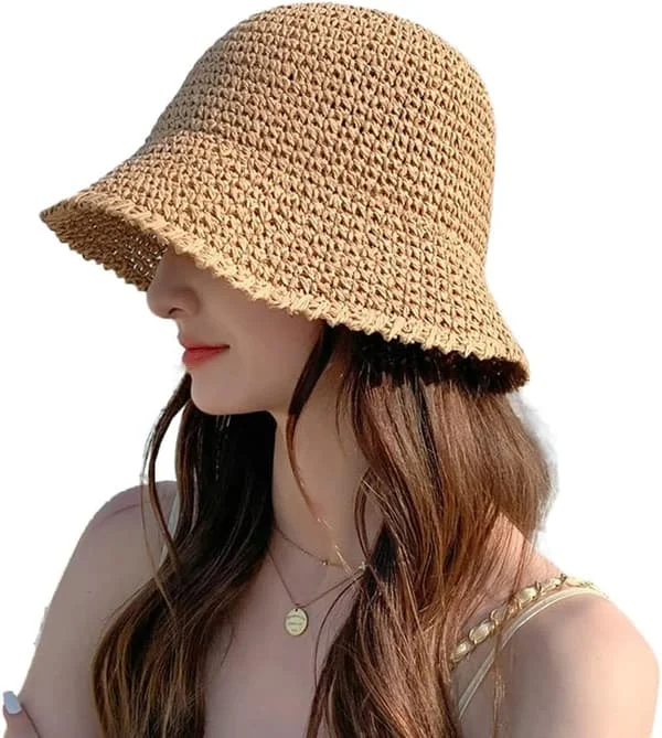 Women's Straw Sun Hat Woven Crochet Bucket Hat Fishing Hat Beach Hat Foldable Cap Solid Color Straw Summer Beach Hat