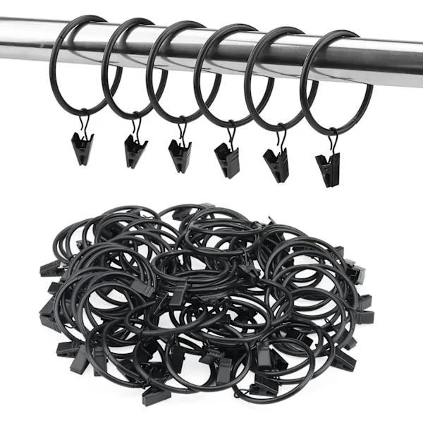 60 Pcs Metal Curtain Rings with Clips, 50mm Black Curtain Clips, Drapery Clips, Curtain Rings for Window Rods, Shower Curtains