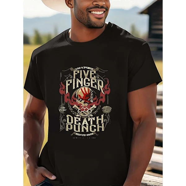 Herre Heavy Metal Grafik T-shirt - Let Åndbar Sort T-shirt med Røde/Gyldne Flammer - Rund Hals Kortærmet T-shirt til G-SXVNZ211