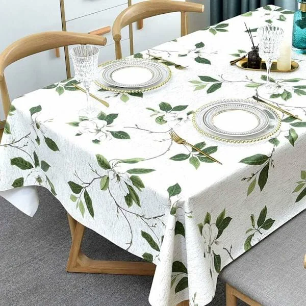 Washable PVC Oilcloth. Waterproof Rectangular Tablecloth for Kitchen, Picnic, Outdoor, Indoor (137 x 180 cm, Green Leaf)