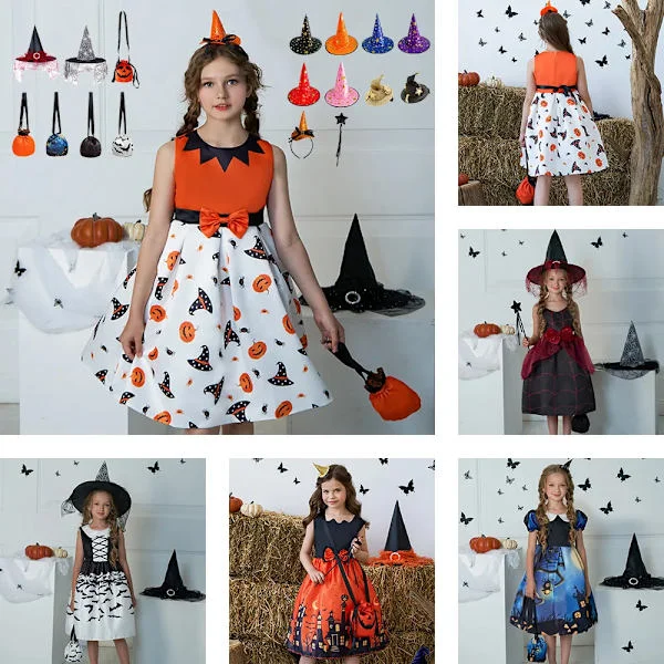 Flickor Halloween Klänning Semester Casual Häxa Pumpa Cosplay Kostym för Barn AWS02 AWS02
