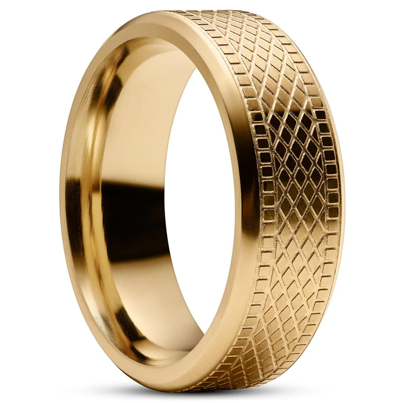 Sentio | Anillo de acero inoxidable con patrón tejido dorado para hombres - Anillos de acero