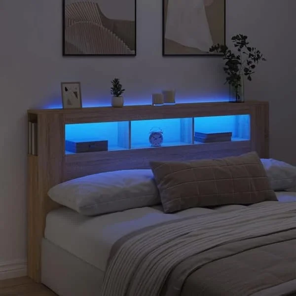vidaXL LED-sänggavel, panel med förvaring, sängtillbehör, sänggavel i sovrummet, sonoma ek 837360