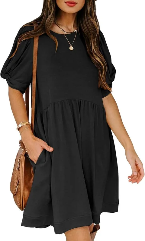 Kvinnors sommar Casual Twist Knot Short Puff Sleeve Klänningar