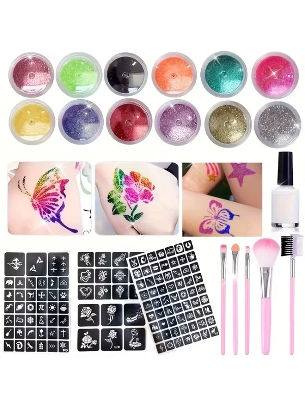 AliExpress - 12 kleuren glitter DIY Flash Tattoo, inclusief meerdere tattoo-sjablonen lijmborstels set, DIY glitter cartoon sticker tattoo set