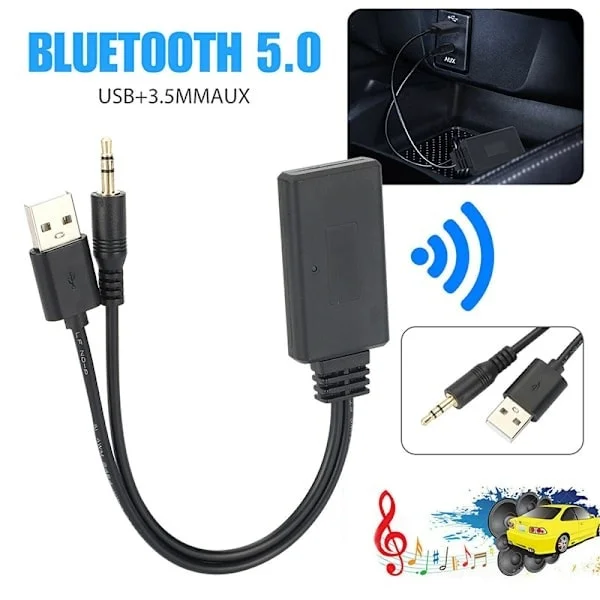 Trådløs Bluetooth 5.0 høykvalitetsadapter eller mottaker for bil-AUX-høyttalere, svart.