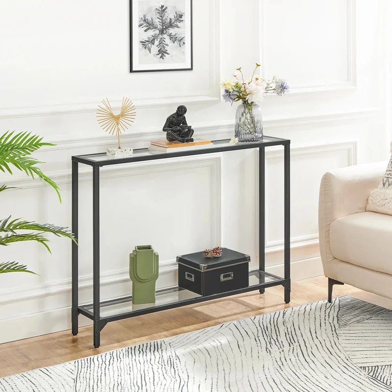 AliExpress - HOOBRO Konsolentisch, Sofatisch aus gehärtetem Glas, moderner Eingangstisch, schmaler Couchtisch, schwarzer Metallrahmen für Foyer, 