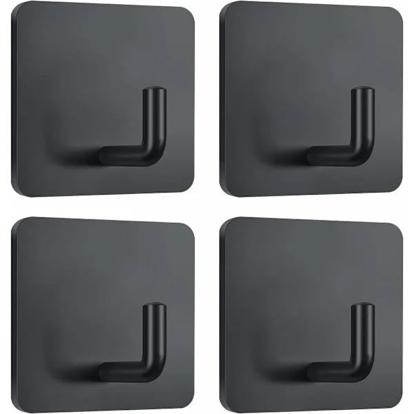 Self-adhesive towel hooks, for hanging bathrobes, coats, wall hooks, stainless steel, 4-pack (black)