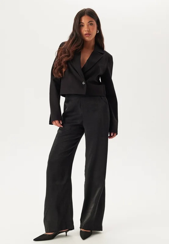 BUBBLEROOM-Wide Leg Shimmer Trousers-Black-L