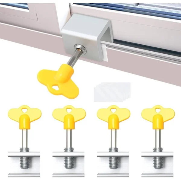 Set med 4 skjutbara fönsterlås – Förtjockad aluminiumlegering – Borrfri installation – Förbättrad säkerhet för dörrar och fönster