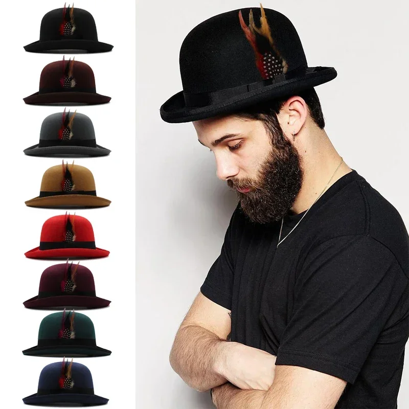 AliExpress - Chapeaux melon en laine mélangée pour hommes et femmes, haut nar, casquettes Fedora en laine, bande de plumes Trilby, chapeau de soleil 