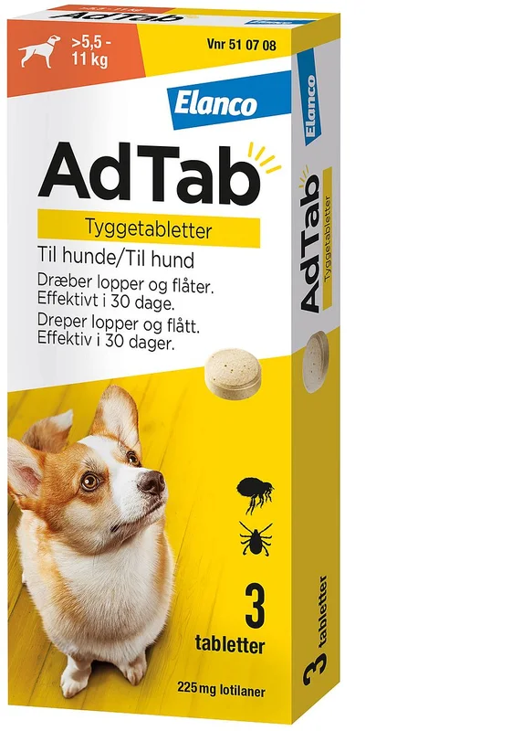 AdTab AdTab til hunde 3-pak >5.5-11 kg 225 mg, Medicin & Pleje, Flåter & Lopper, Flåt- Og Loppemiddel Til Hunde