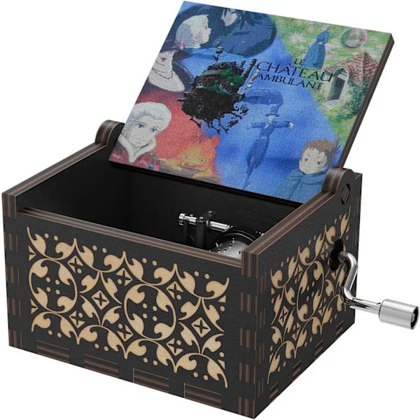 Castle Wood Music Box, Anime Theme Music Merry Go Round of Life Wooden Craft Music Boxes New Year Birthday Gift (Black)