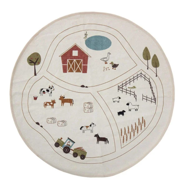 Round Farm Printed Area Rug Soft Breathable Machine Washable Babies Toddlers Crawling Mat Living Room Bedroom Kids Room Floor Mat