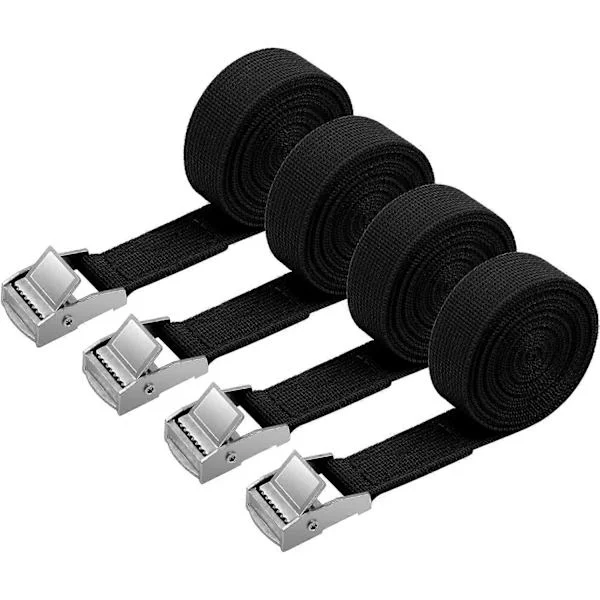 4 STK Surrestropp, 2M x 20mm Festesett med Strammestroppspenne, for Motorsykkel, Bil, Sykkelstativ, Trekkraft: 500 kg/stk (Svart)