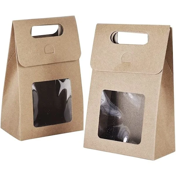 2 st presentpåsar, presentpåsar i papper, presentpåsar med fönster, presentpåsar med handtag, för festförpackning av godis (brun)