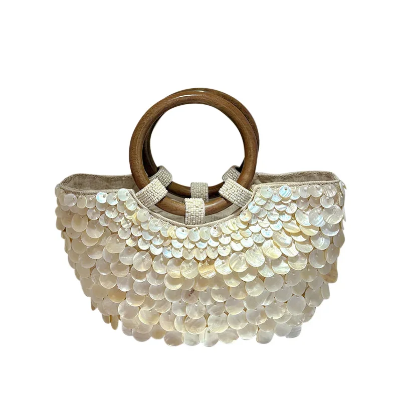 AliExpress - Luxus rein handgemachte Muscheltasche Stroh gewebte Tasche Muschel Stickerei Tote Eimer Tasche Holzgriff Handtasche Abend Clutch Bag