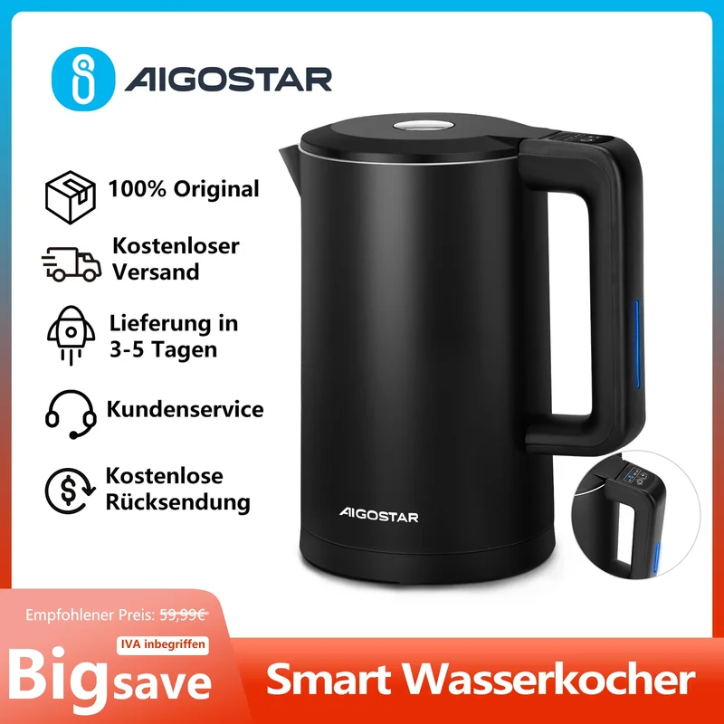 AliExpress - Aigostar Smart Wasserkocher mit Temperatureinstellung 40°C-100°C, WiFi Steuerung Kompatibel zu Alexa, 1,7 L Edelstahl Doppelwand Cool 