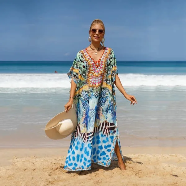 2025 Seneste Model Dame Plus Size Strandkjole Boheme Strandkjole V-Hals Flagermusærme Kåbe Løs Strandkjole Badedragt Cover-up