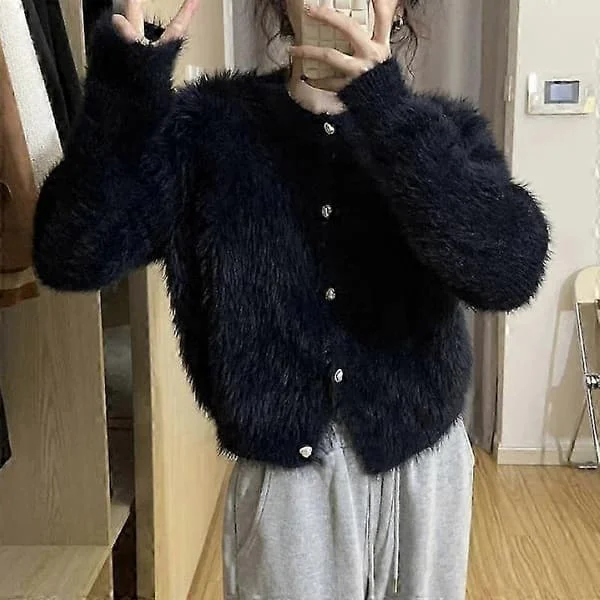 【LD】Strikket Cardigan for kvinner Langermet Mink Kasjmir Mohair Genser Mild Høst Vinter Strikkeplagg Myke Søte O-hals Topper