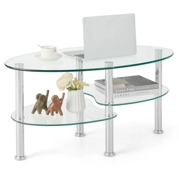 COSTWAY Ovalt Sofabord i Tempereret Glas med 3 Niveauer, 89 x 51 x 45 CM, Moderne Stuebord med Metalben, Transparent