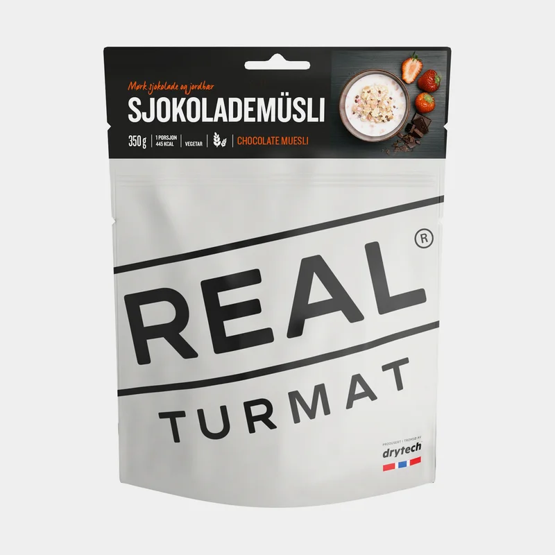 Comida liofilizada / comida para camping Real Turmat Muesli de chocolate / Sjokolademüsli, vegetariana, paquete individual, 350 g