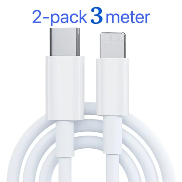 2-pack laddare för iPhone - USB-C - Kabel / Sladd - 20W - 3m - Snabbladdare Vit