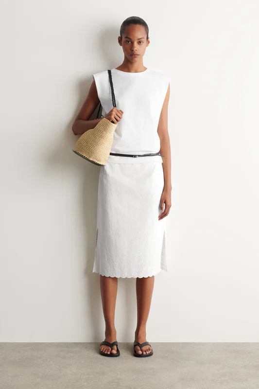 COS Women's Broderie Anglaise Cotton Linen Skirt in White
