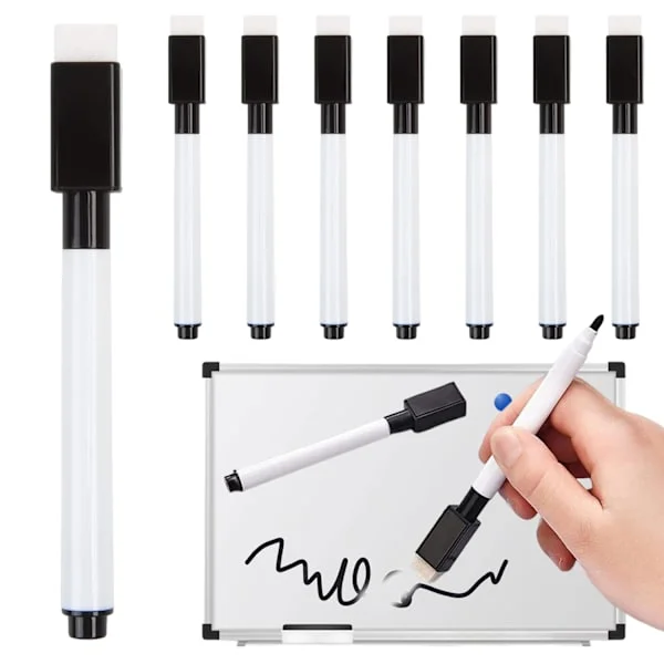 Liten whiteboardpenna, 10 svarta whiteboardpennor, med sudd, fin spets, whiteboardpenna för barn