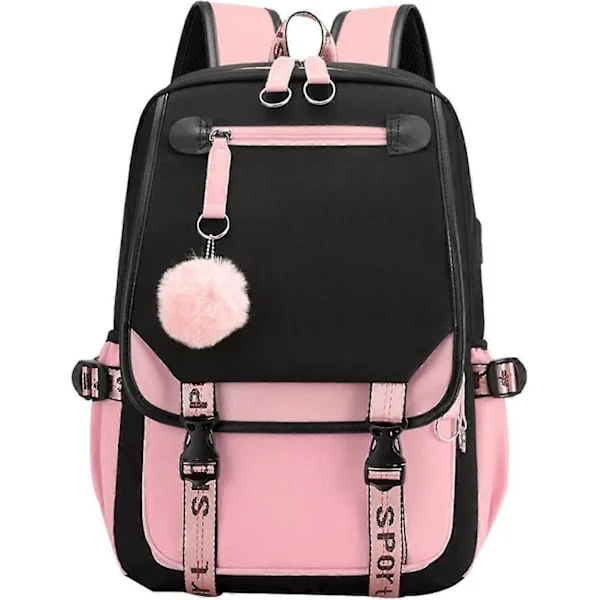 Schoolgirl School Bag Outdoor Backpack with USB Charging Port, Black Pink, Backpack Backpack_TF