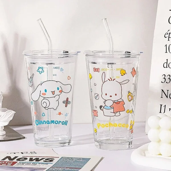 Gjennomsiktig glass vannkopp søt tegneserie frokostkopp sugerør med lokk melk juice vannkopp glass sippy kopp barnegave Hello Kitty
