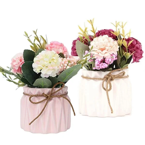 2 stk. kunstige blomster i potte, kunstige blomster, planter til dekoration, hortensia, silkeblomster, buketter med keramisk vase, kunstig plante d