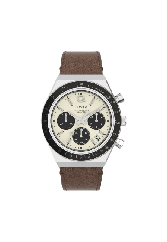 Timex Q Chronograph Herr, Beige/brun Läderrem - Tw2v42800 Klockor Herr 40 mm