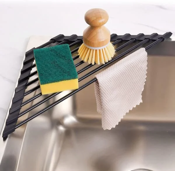 Small Triangular Foldable Dish Drying Rack with Silicone Coating, Stainless Steel Frame for Sink Corner, Multifunctional Drainer Rack (Black)
