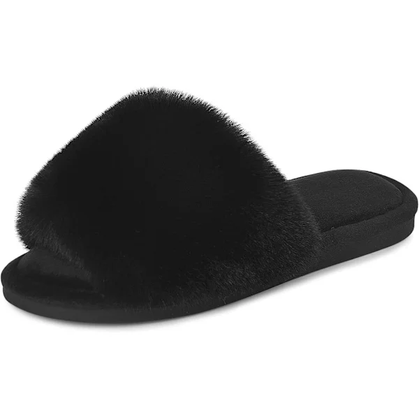 Faux Fur Hjemmesko til Kvinder – Fluffy Åben Tå Memory Foam Sandaler med Skridsikker Sål, Indendørs og Udendørs Hjemmesko Sort 7-8